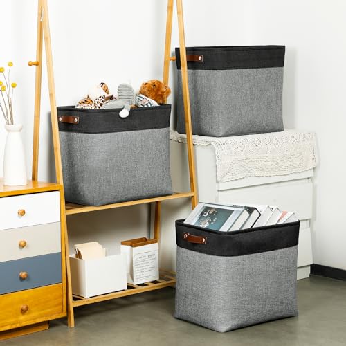 Image of DULLEMELO Grey Storage Baskets for Organizing 3 Pack Fabric Shelf Baskets for Gifts Empty Large Storage Organizer for Closet,Clothes,Toys,Bedroom (Black&Grey)