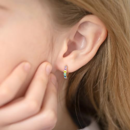 14k Yellow Gold Multicolored Enamel Heart Cascade Hoop Earrings For Young Girls & Preteens 10mm - Colorful Heart Earrings For Children3