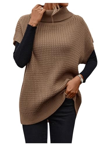 MakeMeChic Women's Turtleneck Short Sleeve Sweater Knitted Drop Shoulder Pullover Top
