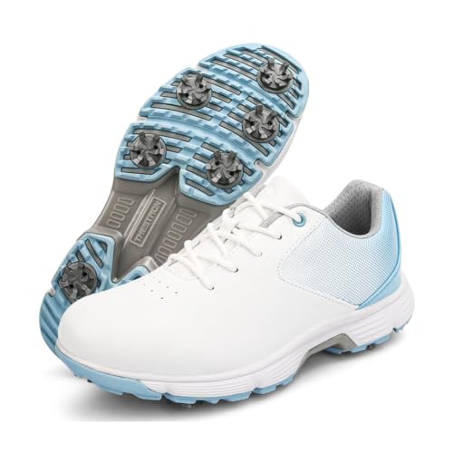 DAMANDO Ladies Spiked Golf Shoes Waterproof Golf Footwears Comfortable Golf Leather Sneakers Outdoor Training Shoes,Blue,7