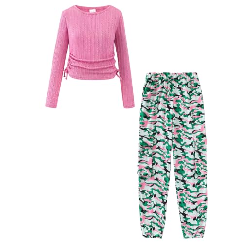 Image of Azmxynol Girls Clothes 2 Piece Outfit Ribbed T-Shirt Top + Cargo Pants, Girls Fall Clothing Set, Sizes 5-16 Years