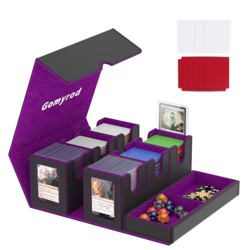Image of Gomyrod Card Deck Box for MTG with Commander Display, 7 In 1 Card Storage Box Fits 600+ Double-sleeved Cards, Removable MTG Deck Case Fit for TCG /Sports /Baseball Cards with Dice Tray (Black & Purple)