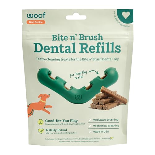 WOOF - Bite n Brush Refills Treats for the Dog Toothbrush Toy - Scrub Plaque and Tartar from Your Dogs Teeth and Mouth - Dog Dental Sticks - Approximately 18 Refills - Beef