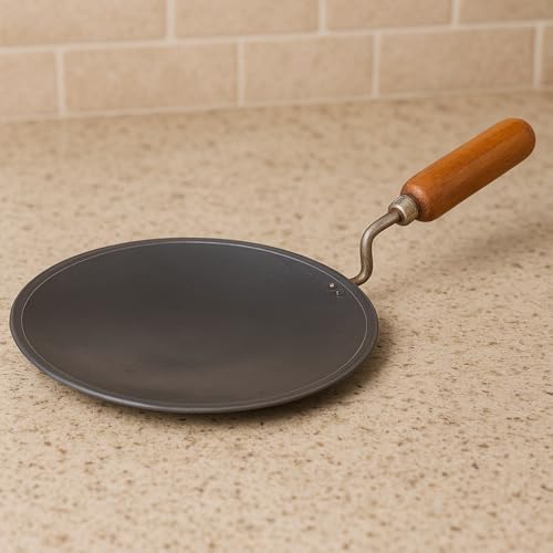 Image of Pure Iron Concave Tawa for Roti /Chapati with Wooden Handle | Premium Heavy 100% Iron Handmade Curved Tava for Multipurpose Uses & Health Benefits | Non-Toxic, No Chemical Layers| 10 Inch, Heavy 1KG