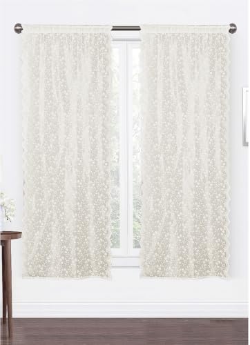 HOME ZEN HOUSEHOLD LINEN Set di 2 Tende Atena, Pizzo Francese con Fiorellini, Disponibile per Finestra 60x150 cm e Porta Finestra 60x240 cm, Tortora/Grigio/Panna (TORTORA BEIGE, 60X240)