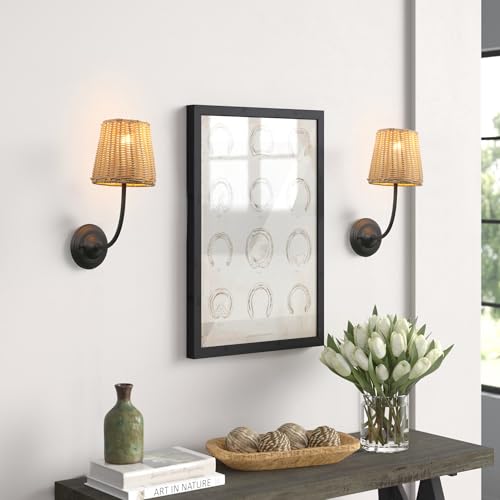 Image of Yosoan Set of 2 Rattan Boho Wrapped Wall Sconce Light, Indoor Hardwired Gold Hand-Woven Farmhouse Vintage Wall Lamps, Brass Handmade Shade Wall Mount Fixture for Reading Bedside Bedroom(Black)