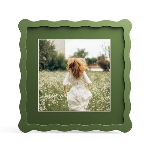 THKRLOF 8x8 Picture Frame with Mat for 6x6 Wavy Edge Wooden Real Glass Photo Frame for Tabletop and Wall Hanging Green 1 Pack
