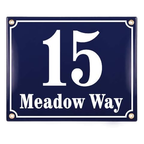 Personalized House Number Plaque - 20x25 cm (8" x 10") - Waterproof Door Numbers - Enamel Garden Wall Sign - Blue Cover