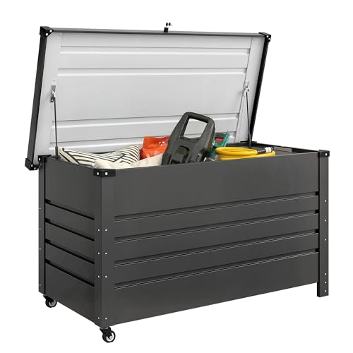 Outsunny Baule da Esterno da 350L in Acciaio Rinforzato, Baule da Giardino con Coperchio Bloccabile, Pistoni a Gas, Ruote e Maniglie Laterali, Contenitore da Esterno per Giardino Patio Piscina, Grigio