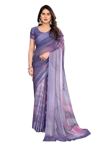 ETHNICMODE sari indio mujer Printed Georgette Light Weight Jari Party Purple Saris With Unstitched Purple Blouse Piece 1159