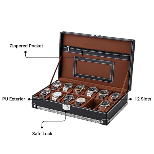 Image of BOXXO 12 Slot Watch Organizer Box for Men & Women - Premium PU Leather Watch Case with Black & Brown Finish, Soft Velvet Cushions & Glass Lid Display, Elegant Storage Box (34x20x8 cm) (Black /Brown)