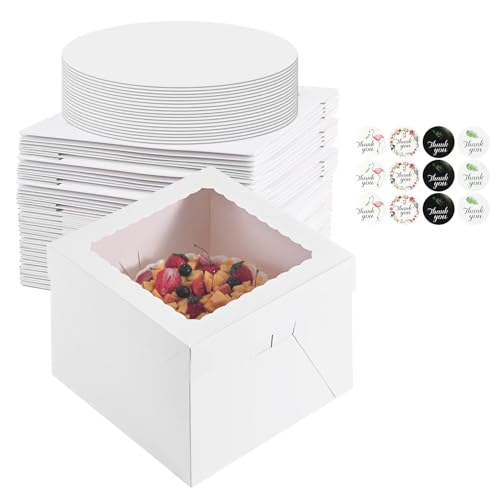 PFAMKEER 48pcs 8x8x8 Inches Cake Boxes,24pcs White Bakery Boxes with Window and 24pcs Boards,Cajas storage for 8 inch Cake box, Disposable Pie Box, Father's Day,Wedding, Birthday, Party