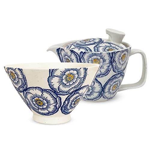 ジェイキッチンズ J-kitchens 勲山窯 茶碗 急須 セット 波佐見焼 日本製 (茶碗 大 12.6x7.5cm ティーポット 240ml お茶漬け セット) 茶こし付き ピオニー ブルー