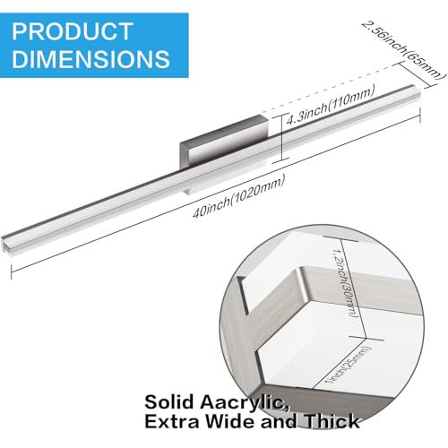 Image of SOLFART Bathroom Light Fixtures Brushed Nickel 40 Inches Modern LED Bathroom Light Fixtures Over Mirror Dimmable Wall Lights S8200-1020mm-NK-D