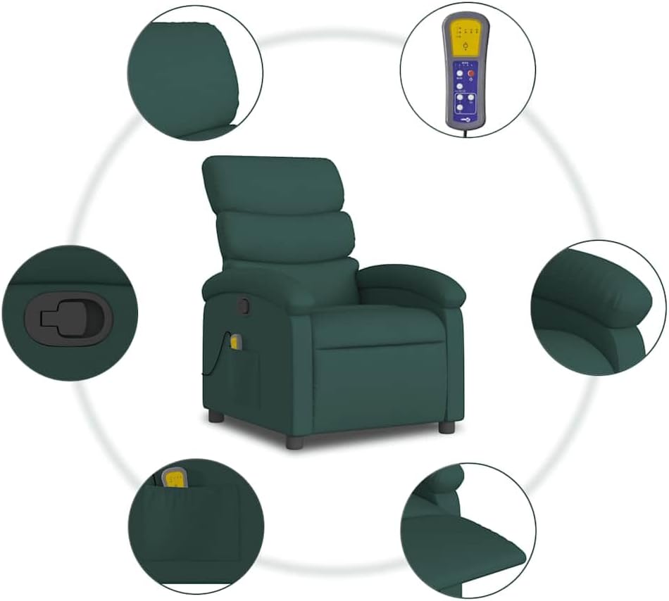 vidaXL Dark Green Massage Recliner Chair with Adjustable Backrest and Built in Functionality for Relaxation Living Room Or Home Theater Chairs Reclining Office Armchair TV Sofa