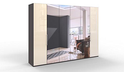 WIEMANN Loft Kleiderschrank, Schlafzimmerschrank, Gleittürenschrank, Drehtürenschrank, mit Spiegel, Glas magnolie, Havanna, B/H/T 300 x 236 x 58 cm
