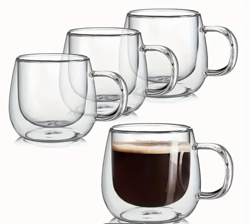 Home & Treat Double Walled Glass Coffee Mug – Set of 4 Borosilicate Heat Resistant Latte Cappuccino Cup – 300 ml Clear Coffee Mugs Glass Tea Dessert Cups Dishwasher Safe