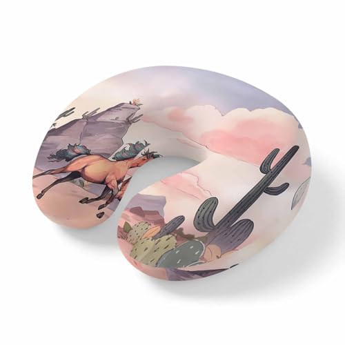 ZFUNCING Travel Pillows U-Shaped Neck Pillow Watercolor Running Horse Cactus