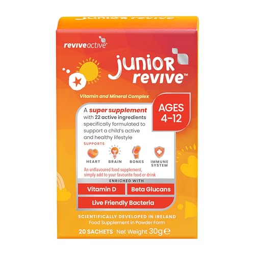 Junior Revive Unflavoured Kids Multivitamin - 22 Active Ingredients - 1 Daily Sachet - Childrens Vitamin & Mineral Complex - Supports Heart Health Mental Performance and Immune System - 20 Sachets