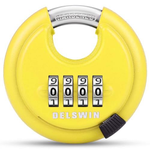 Image of DELSWIN 4 Digit Combination Disc Padlock with Hardened Steel Shackle Combo Lock for Sheds, Storage Unit, School Gym Locker and Fence (Yellow,1Pcs)