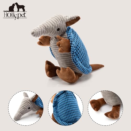 Image of Hollypet Plush Dog Squeaky Toy Stuffed Armadillo Animal Pet Puppy Chew Toys with Clean Teeth for Small Medium Large All Breed Sizes Dogs, Blue, 14 in