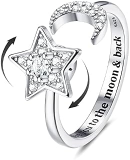 KRFY 925 Sterling Silver Fidget Anxiety Ring for Women Spinner Fidget Rings for Anxiety Ring Cubic Zirconia Moon Star Open Spinning Anti Anxiety Rotatable Ring Women Girl