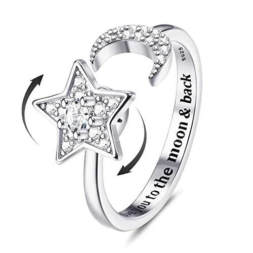 Diamday 925 Sterling Silver Fidget Anxiety Ring for Women Moon Star Spinner Ring Open Adjustable Fidget Rings for Anxiety Relieving Stress CZ Stackable Rings Fidget Jewelry Women
