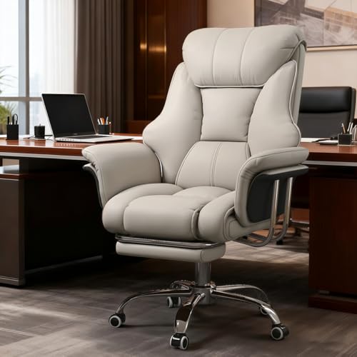 Image of XUEGW Office Chair with Foot Rest and Waist Lumber Support, Ergonomic Gaming Chair with Adjustable Height Headrest, High-Back PU Leather Reclining Chair for Home Office (White)