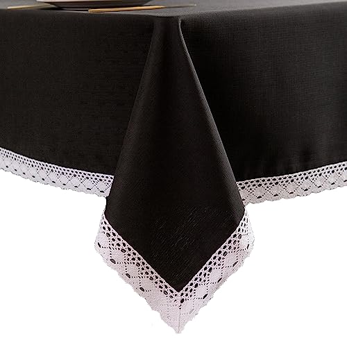 EHouseHome Faux Linen Tablecloth with Lace Trim - Waterproof/Spill Proof/Stain Resistant/Wrinkle Free/Oil Proof - for Banquet, Parties,Dinner,Kitchen,Wedding,Holiday,Black,Square 70X70Inch
