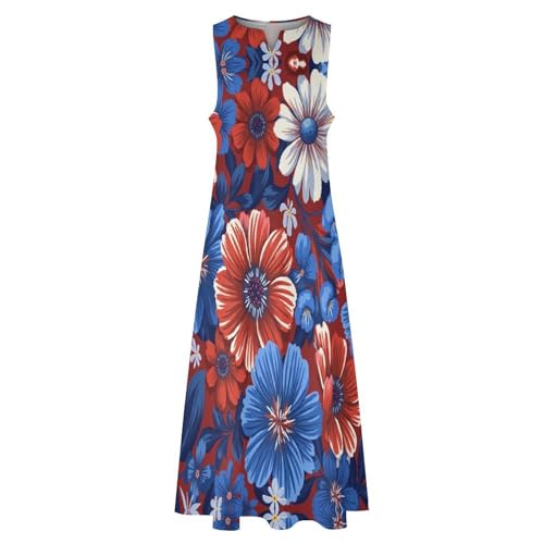 Robe longue imprimé fleurs ethniques col V et coupe trapèze bleu