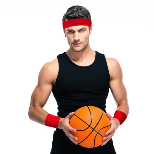 Image of Bememo 6 Pcs Neon Sports Sweatbands Set Sports Competitions Sweatbands 2 Headband 4 Wristbands Breathable Terry Cloth Athletic Bands for Team Soccer Spirit 80s Costumes Cosplay