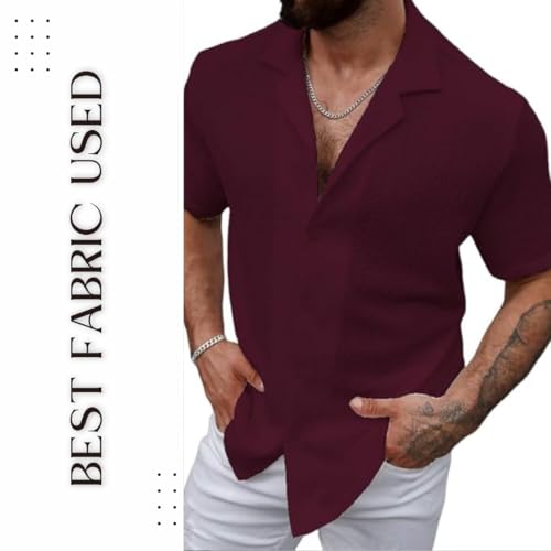 Image of COMBRAIDED Men's Regular Fit Cotton Blend Shirts | Half Sleeve Solid Pattern | Casual Wear for Everyday Style