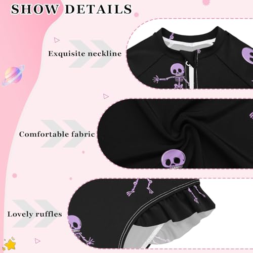 ALAZA Toddler Swimsuit Girl Bathing Suit Swimwear Rash Guard Purple Skeleton Long Sleeve 3T4