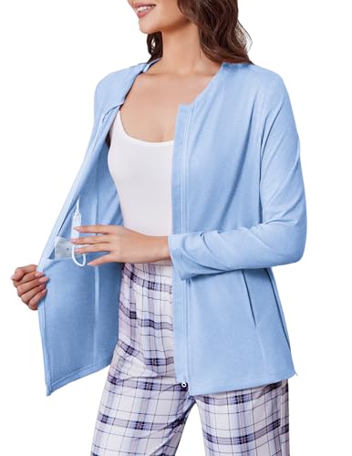 Deyeek Mastectomy Shirts with Drain Pockets Post Shoulder Surgery Tops for Women Chemo Port Long Sleeve with Zippers