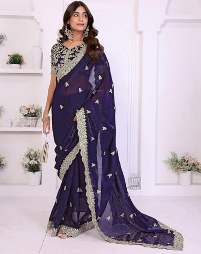 Image of Yashika Women's Organza Satin Butti Work With Zari Lace Border Embroidered Saree| Women Sari