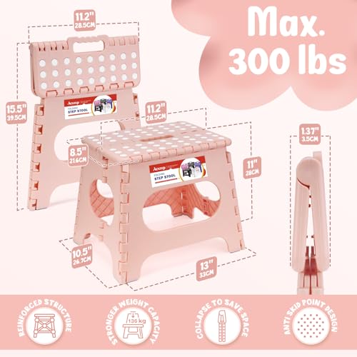 Image of ACSTEP Folding Step Stool 11 Inch, Sturdy Plastic Foldable Step Stool for Kids & Adults, Non Slip Lightweight Collapsible Foot Stools Holds 300 lbs, Ideal for Kitchen, Bathroom, Bedroom, Light Pink