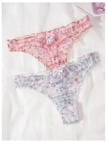 Image of SHENHE Women's 5 Packs Floral Lettuce Trim Bow Low Rise Cute Thong Panties Underwear