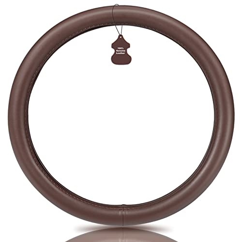 Haokay Heavy Duty Pure Cowhide Steering Wheel Cover, Genuine Leather Steering Cover Brown Leather Steering Wheel Cover with 15 Inches Universal Fit (Brown-1) by HAOKAY - Image 2