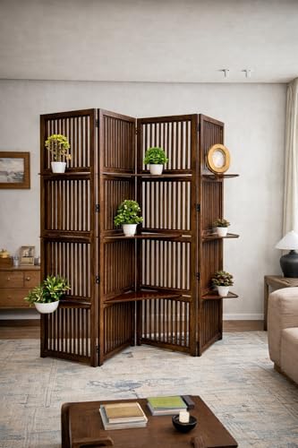Image of Wooden Partition Divider for Living Room, Partition Wall, Privacy Divider, Freestanding Folding Panels for (6 Feet 4 Panel with 3 Shelve) (6 Feet 4 Panel Melamine Brown)