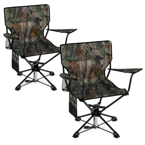 Goplus Swivel Camping Chair, 2 Pack Portable Hunting Chair for Adults w/Cup Holder & Carrying Bag, Folding 360-degree Free Rotation Lawn Chair for Fishing Picnic Hiking Outdoor