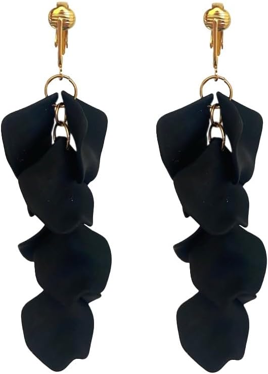 Aloha Earrings Non Pierced Gold Tone Clip On Long Acrylic Rose Petal Dangling Earrings