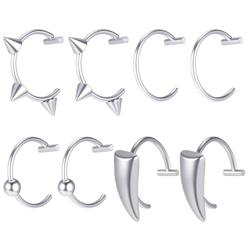 Josojoou 8 Pcs Stainless Steel Fake Lip Ring - Clip on Septum Ring, Vampire Teeth Rings, Adjustable Non-Piercing Lip Piercing Jewelry For Women Men(Silver)