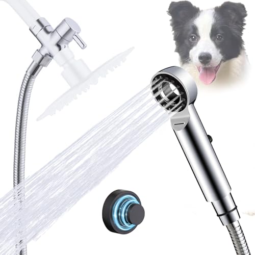 Dog Shower Attachment, 3 Mode Handheld Sprayer with ON/OFF Switch, G1/2" 3-Way metal Diverter, 100 Inches Stainless Steel Hose, No Drill Holder, for Pet and Dog Washing in Bathroom