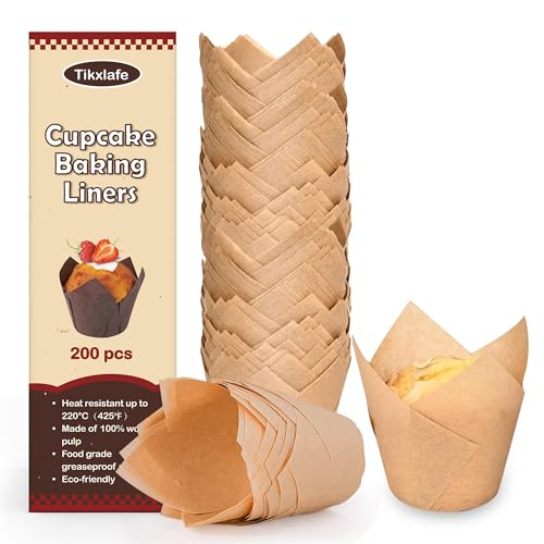 Tikxlafe Natural Tulip Cupcake Liners, 200pcs Unbleached Greaseproof Baking Cups for Muffins, Parchment Paper Cupcake Wrappers for Party and Home Baking