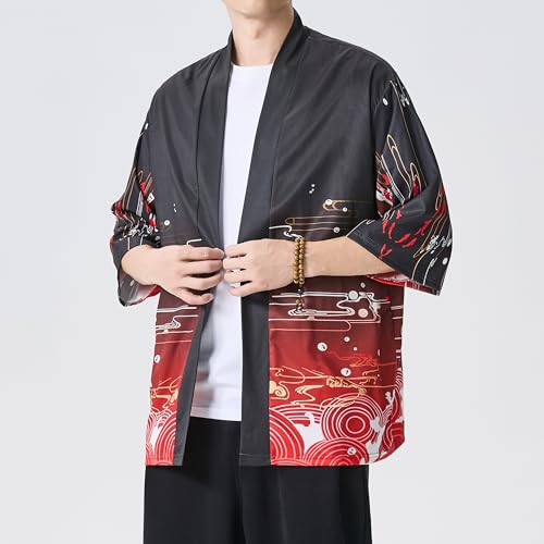 Image of PRIJOUHE Men's Lightweight Kimono Jacket Seven Sleeve Open Front Cardigan Coat Japanese Style Bathrobe