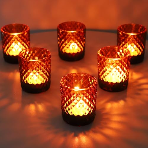 Vohocandle Marron Photophore Verre Lot de 12, Motif Diamant Bougeoir Verre pour la décoration d'automne, Contenant pour Bougie Chauffe-Plat Adaptés pour Thanksgiving,...