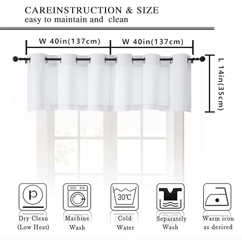 Image of Simplebrand Pure White Window Valance for Kitchen 14 Inches Long 2 Panels Set, Light Filtering Valance Curtains for Living Room, Grommet Short Privacy Kitchen Curtains for Bedroom Kids Room, 40Wx14L
