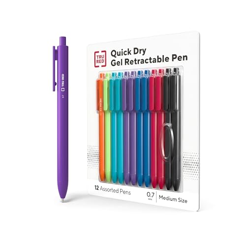 Image of TRU RED Retractable Gel Pens, Medium Point 0.7mm, Assorted Ink Colors, 12 Pack - Quick‑Dry Pens for Smear‑Free Writing