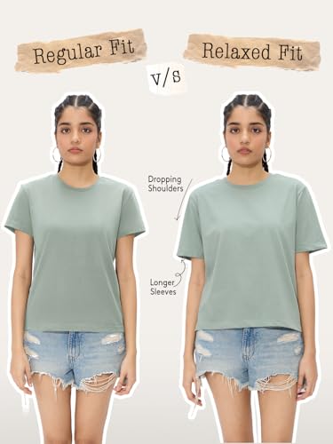 Image of The Souled Store Casual Classics: Women and Girls Short Sleeves Spread Collar Solid Cotton Regular Fit Breathable Lightweight Trendy Everyday T-Shirt