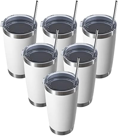 MUCHENGHY 20oz Stainless Steel Tumbler with Lid and Straw, Double Wall Vacuum Insulated Travel Coffee Mug, Powder Coated Thermal Cup for Cold & Hot Drinks(White, 6 Pack)